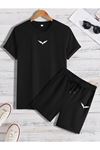 Wings T-shirt Şort - Siyah Alt Üst Kombin Şort Tişört Takım Baskılı Oversize Bisiklet Yaka
