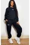 Eşofman Takımı Sweatshirt Jogger - Siyah Baskılı Oversize Şardonlu Bisiklet Yaka