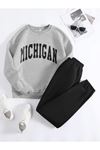 Michigan Eşofman Takımı Gri Sweatshirt Siyah Jogger - Baskılı Oversize Şardonlu Bisiklet Yaka