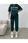 California Desing T-Shirt Eşofman Altı Jogger - Yeşil Baskılı Alt Üst Eşofman Takımı Bisiklet Yaka