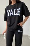 Yale Baskılı Siyah T-shirt Siyah Alt Üst Eşofman Takımı Oversize Bisiklet Yaka