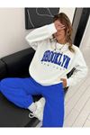 Brooklyn Eşofman Takımı Beyaz Sweatshirt Sax Mavi Jogger - Baskılı Oversize Şardonlu Bisiklet Yaka
