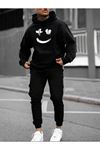 X Kalp Yüz Eşofman Takımı Sweatshirt Jogger - Siyah Baskılı Oversize Şardonlu Kapüşonlu