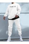 Paris Yazılı Eşofman Takımı Sweatshirt Jogger - Beyaz Baskılı Oversize Şardonlu Bisiklet Yaka