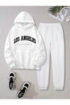 Los Angeles Eşofman Takımı Sweatshirt Jogger - Beyaz Baskılı Oversize Şardonlu Kapüşonlu