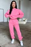 Basic Düz Eşofman Takımı Sweatshirt Jogger - Pembe Oversize Şardonlu Kapüşonlu