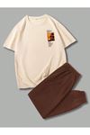 Beach T-Shirt Eşofman Altı Jogger - Bej Kahverengi Baskılı Eşofman Takımı Oversize Bisiklet Yaka