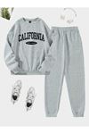 California West Eşofman Takımı Sweatshirt Jogger - Gri Baskılı Oversize Şardonlu Bisiklet Yaka