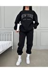 New York New York Eşofman Takımı Sweatshirt Jogger - Siyah Baskılı Oversize Şardonlu Bisiklet Yaka