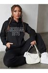 Michigan 1975 Eşofman Takımı Sweatshirt Jogger - Siyah Baskılı Oversize Şardonlu Kapüşonlu