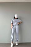 Basic T-shirt Eşofman Altı   Gri Düz Alt Üst Eşofman Takımı Oversize Bisiklet Yaka