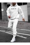 Paris Yazı Eşofman Takımı Sweatshirt Jogger -Beyaz Baskılı Oversize Şardonlu Kapüşonlu