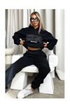 Chicago Eşofman Takımı Sweatshirt Jogger - Siyah Baskılı Oversize Şardonlu Kapüşonlu