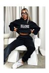 Ellore Australia Eşofman Takımı Sweatshirt Jogger - Siyah Baskılı Oversize Şardonlu Kapüşonlu