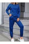 Basic Düz Eşofman Takımı Sweatshirt Jogger - Sax Mavi Oversize Şardonlu Bisiklet Yaka