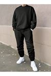 Erkek Düz Eşofman Takımı Sweatshirt Jogger - Siyah Oversize Şardonlu Bisiklet Yaka