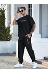 Balance T-shirt Eşofman Altı Jogger- Siyah Baskılı Alt Üst Eşofman Takım Oversize Bisiklet Yaka