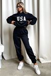 Usa Eşofman Takımı Sweatshirt Jogger - Siyah Baskılı Oversize Şardonlu Kapüşonlu