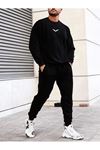 Wings Eşofman Takımı Sweatshirt Jogger - Siyah Baskılı Oversize Şardonlu Bisiklet Yaka