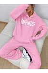 Happiness Eşofman Takımı Sweatshirt Jogger - Pembe Baskılı Oversize Şardonlu Kapüşonlu