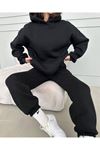 Basic Düz Eşofman Takımı Sweatshirt Jogger - Siyah Oversize Şardonlu Kapüşonlu