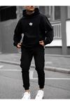 Vip Eşofman Takımı Sweatshirt Jogger - Siyah Baskılı Oversize Şardonlu Kapüşonlu