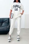 Los Angeles T-shirt Eşofman Altı Jogger Beyaz Baskılı Alt Üst Eşofman Takım Oversize Bisiklet Yaka