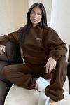 Fetch Eşofman Takımı Sweatshirt Jogger - Kahverengi Baskılı Oversize Şardonlu Kapüşonlu