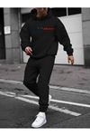 Paris Çizgi Eşofman Takımı Sweatshirt Jogger - Siyah Baskılı Oversize Şardonlu Kapüşonlu