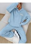 Fetch Eşofman Takımı Sweatshirt Jogger - Bebe Mavisi Baskılı Oversize Şardonlu Kapüşonlu
