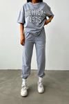 T-shirt Eşofman Altı Jogger- Gri Baskılı Alt Üst Eşofman Takımı Oversize Bisiklet Yaka