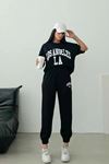Los Angeles T-shirt Eşofman Altı Jogger- Siyah Baskılı Alt Üst Eşofman Takım Oversize Bisiklet Yaka