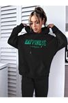 Happiness Eşofman Takımı Sweatshirt Jogger - Siyah Baskılı Oversize Şardonlu Kapüşonlu