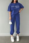 Studio Co Baskılı Saks Mavi T-shirt Eşofman Altı Takım - Oversize bisiklet yaka