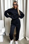 Basic Düz Eşofman Takımı Sweatshirt Jogger - Siyah Oversize Şardonlu Kapüşonlu