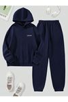 California Minimal Yazı Eşofman Takımı Sweatshirt Jogger - Lacivert Baskılı Şardonlu Kapüşonlu
