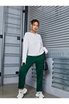 Basic Düz Eşofman Takımı Beyaz Sweatshirt Yeşil Jogger - Oversize Şardonlu Bisiklet Yaka