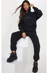 Pretty Eşofman Takımı Sweatshirt Jogger - Siyah Baskılı Oversize Şardonlu Kapüşonlu Lastik Paça