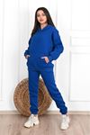 Düz Basic Eşofman Takımı Sweatshirt Jogger - Sax Mavi Oversize Şardonlu Kapüşonlu