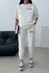 Fetch T-Shirt Eşofman Altı Jogger- Beyaz Baskı Alt Üst Eşofman Takımı Oversize Bisiklet Yaka