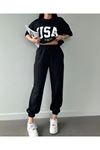 Usa T-shirt Eşofman Altı Jogger- Siyah Baskılı Alt Üst Eşofman Takım Oversize Bisiklet Yaka