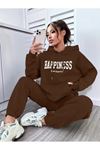 Happiness Eşofman Takımı Sweatshirt Jogger - Kahverengi Baskılı Oversize Şardonlu Kapüşonlu