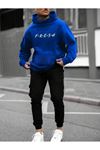 Fresh Eşofman Takımı Sweatshirt Jogger - Sax Mavi Siyah Baskılı Şardonlu Kapüşonlu