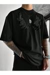 Erkek El Baskı Oversize Siyah Baskılı T-shirt - Bisiklet Yaka Kısa Kol Rahat Kalıp Tişört