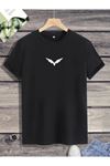 Wings T-Shirt - Siyah Baskılı Oversize Bisiklet Yaka Kısa Kol