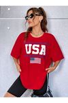 Usa Flag T-shirt - Kırmızı Oversize Baskılı Bisiklet Yaka