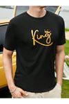 King T-shirt - Siyah Baskılı Oversize Bisiklet Yaka Kısa Kol Tişört