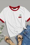 Kiraz Baskılı T-shirt - Kırmızı Beyaz Oversize Bisiklet Yaka Kısa Kol Tişört