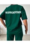 Movement T-shirt Eşofman Altı Jogger- Mavi Baskılı Alt Üst Eşofman Takım Oversize Bisiklet Yaka