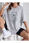 Floral Desen T-shirt - Gri Baskılı Oversize Bisiklet Yaka Kısa Kol Tişört
